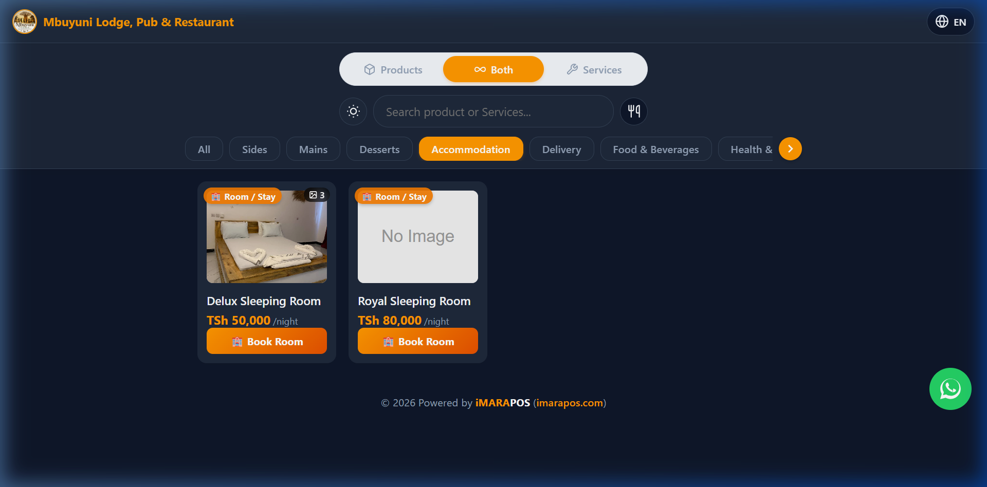 iMARA Web LAN Portal Lodge Accommodation and Room Service UI
