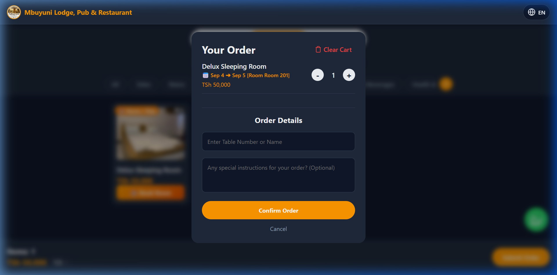 Guest mobile ordering cart and checkout