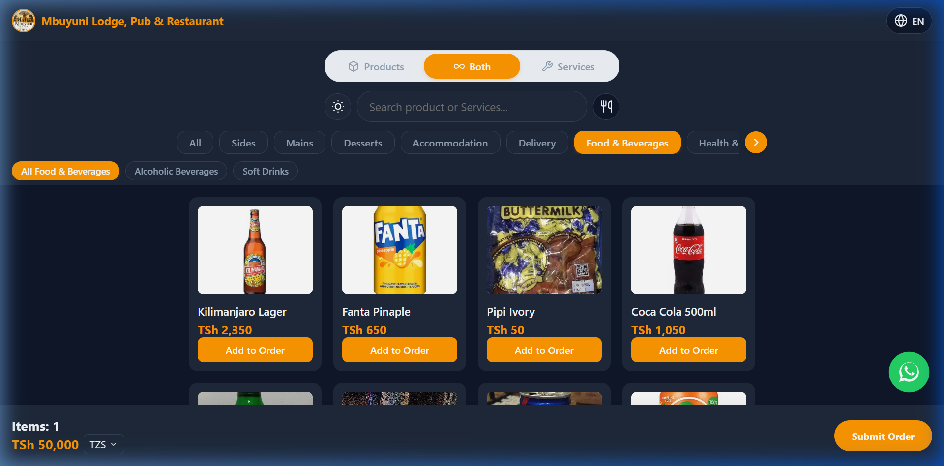 Beverage and drink catalog with prices